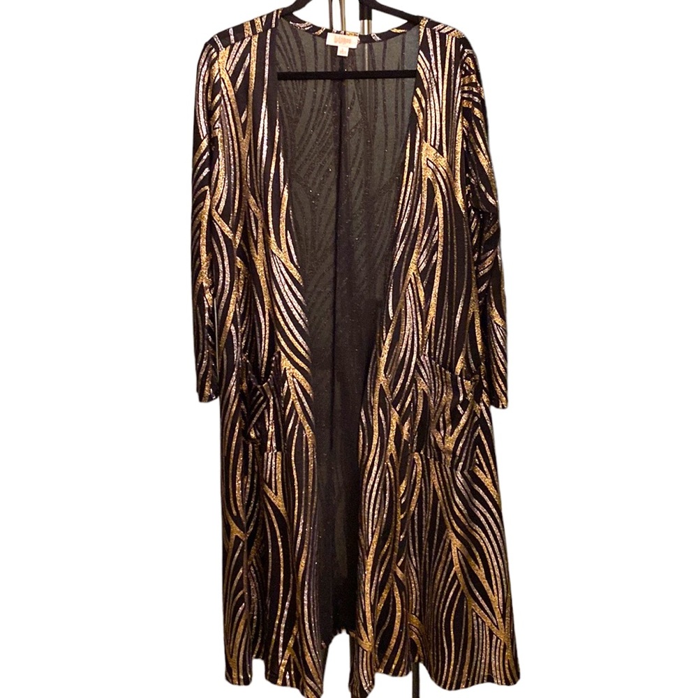 LuLaRoe Black and Gold Wave-Pattern Open Front Duster Cardigan